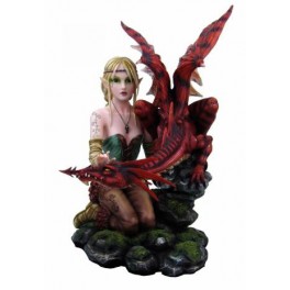 Elfe blonde "Drakonya" et son dragon rouge